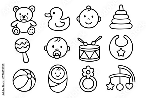 Baby and baby toys icon set in doodle style vector illustration