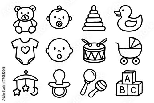 Baby and baby toys icon set in doodle style vector illustration