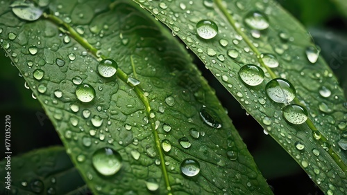 Closeup of green leaves covered in water droplets after a rain shower