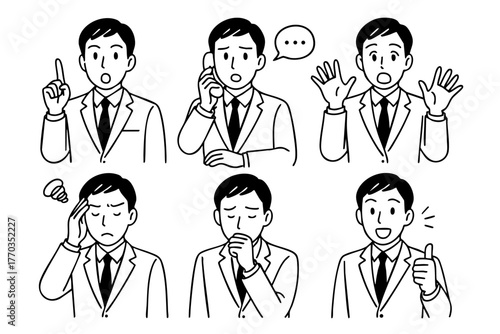 Businessman Character Icon Set Japan Doodle Style Vector Illustration