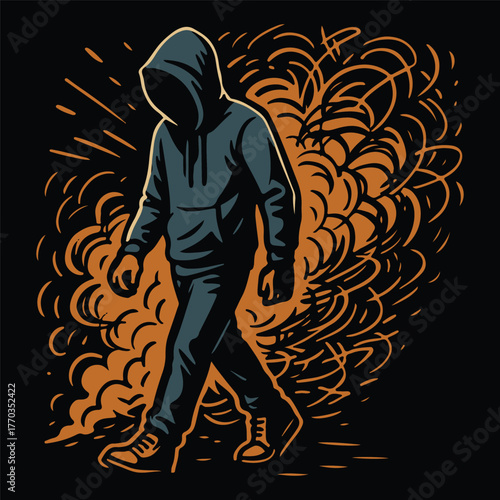 Mysterious Hooded Figure Walking Away Through Chaos in Dark Urban Street Style