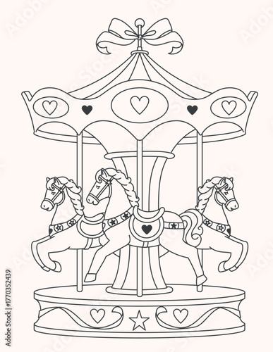Outline illustration of a vintage carousel with detailed horses. A charming monochrome line art drawing, perfect for a holiday coloring book page, childish designs, amusement park themes