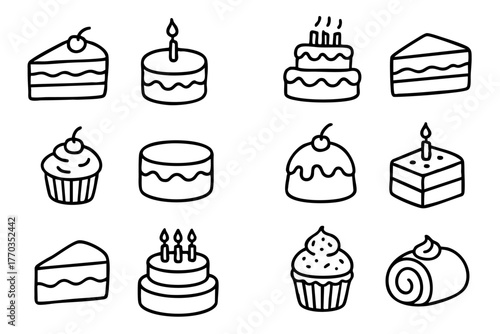 Cakes and desserts icon set in doodle style vector illustration