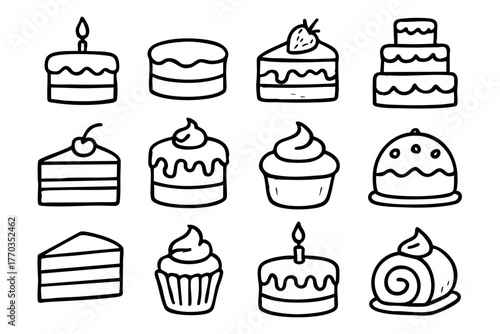 Cakes and desserts icon set in doodle style vector illustration