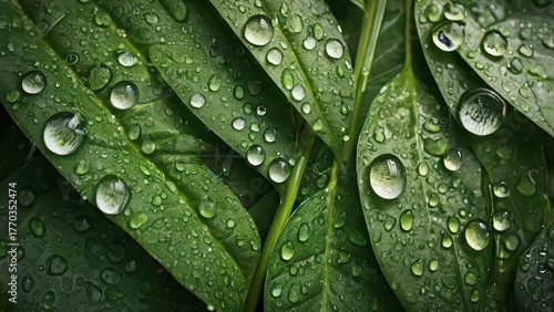 Lush green leaves adorned with glistening water droplets in a natural setting