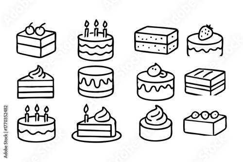 Cakes and desserts icon set in doodle style vector illustration