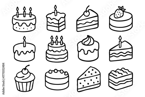 Cakes and desserts icon set in doodle style vector illustration