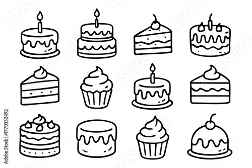 Cakes and desserts icon set in doodle style vector illustration