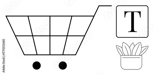 Minimalist shopping cart with bold wheels, block-text letter, and potted plant. Ideal for online shopping, eco-friendly retail, typography themes, minimalism, consumerism, clean design simple flat