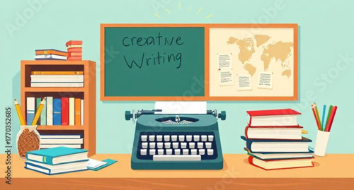 A vintage typewriter and antique book on a school desk capture the back to school concept with a retro education aesthetic