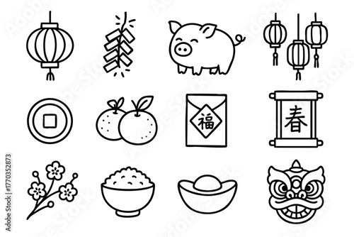 Chinese New Year doodle icon set vector illustration