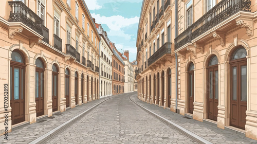 Old European Town Street in Hand-Drawn Vector Style.