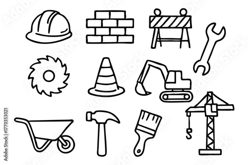 Labor and construction doodle icon set vector illustration