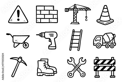 Labor and construction doodle icon set vector illustration