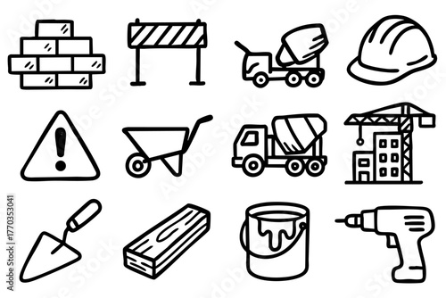 Labor and construction doodle icon set vector illustration