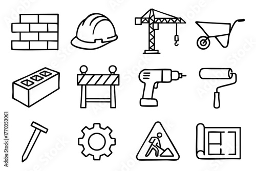 Labor and construction doodle icon set vector illustration