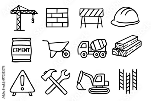 Labor and construction doodle icon set vector illustration