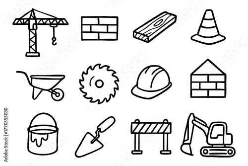 Labor and construction doodle icon set vector illustration