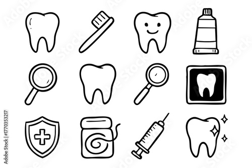 Dental and teeth doodle icon set vector illustration