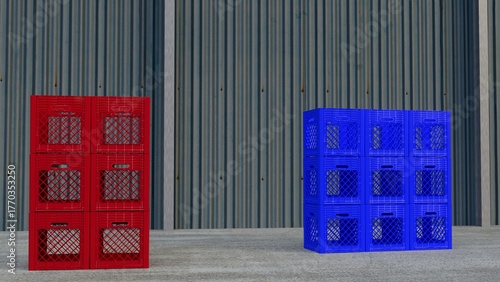 some red and blue milk crates stacked in the warehouse created by 3D modeling. 