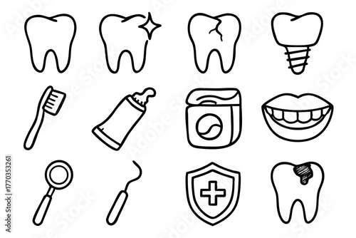 Dental and teeth doodle icon set vector illustration