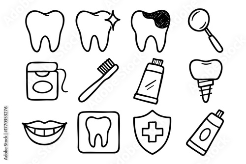 Dental and teeth doodle icon set vector illustration