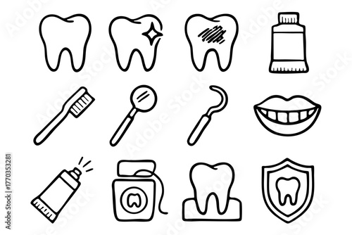 Dental and teeth doodle icon set vector illustration