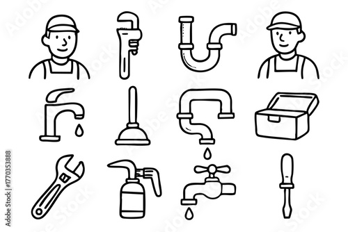 Plumbing elements doodle icon set vector illustration