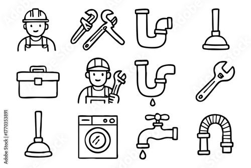 Plumbing elements doodle icon set vector illustration