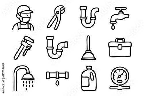 Plumbing elements doodle icon set vector illustration