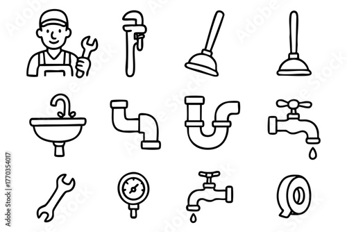 Plumbing elements doodle icon set vector illustration