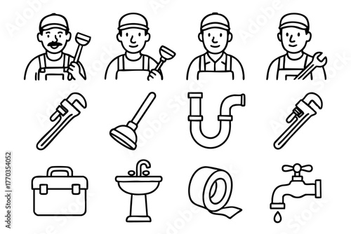 Plumbing elements doodle icon set vector illustration