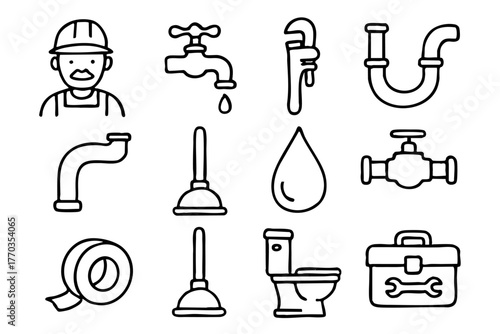 Plumbing elements doodle icon set vector illustration