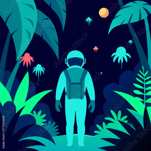 Astronaut exploring a vibrant alien jungle under a distant celestial body