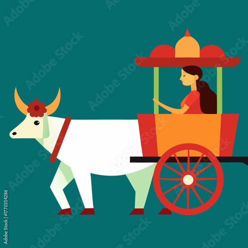 Woman driving a bullock cart with traditional indian design elements