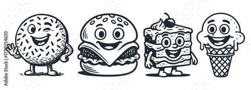 A set of cute cartoon food characters: donut, burger, slice of cake, and ice cream cone. Funny mascots in a retro, hand-drawn vector style.