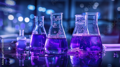 Colorful glassware with purple liquid in a lab setting at night