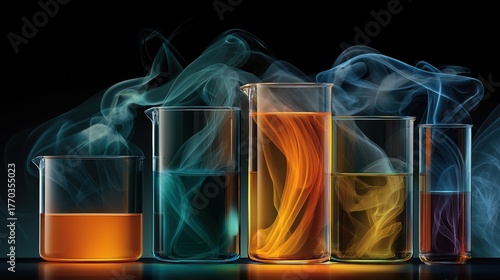 Colorful liquids swirl in glass containers against a dark background