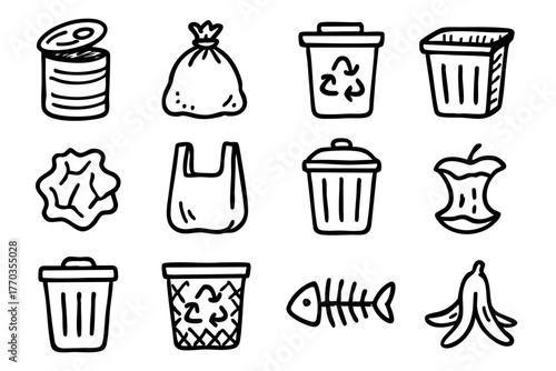 Trash Elements Icon Set in Doodle Style Vector Illustration
