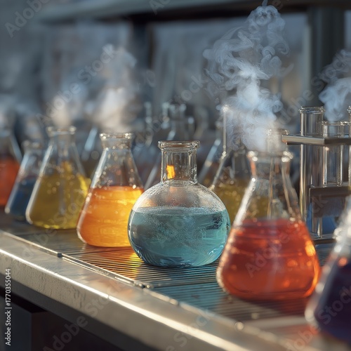 Colorful laboratory experiments with chemical reactions and steam