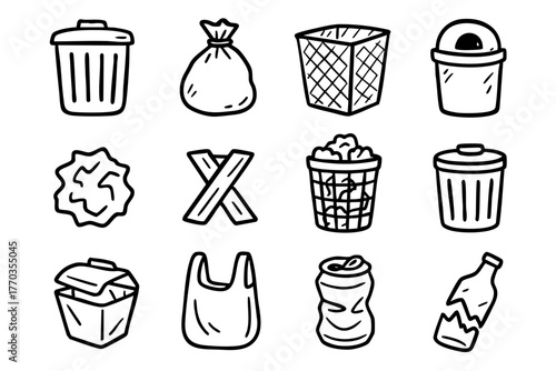 Trash Elements Icon Set in Doodle Style Vector Illustration