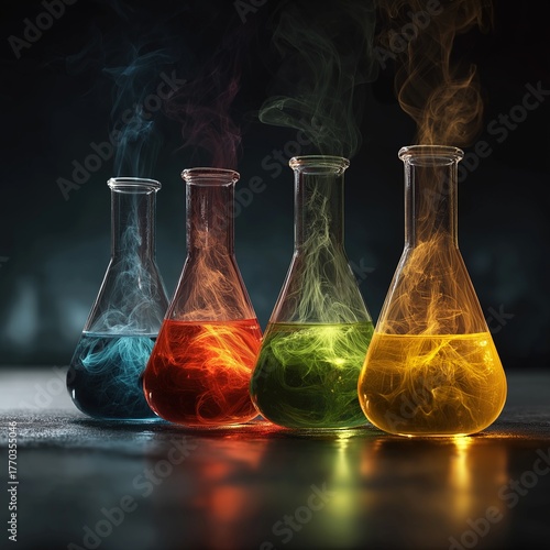 Colorful chemical reactions in laboratory glassware create smoke