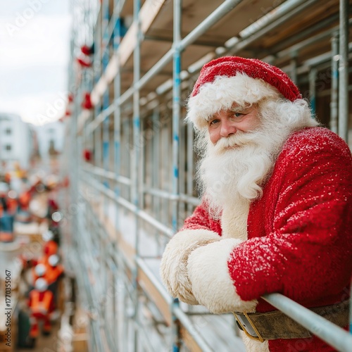 Santa Claus enjoying a construction site during the holiday season
