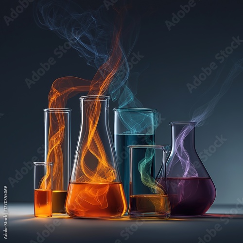 Colorful smoke rising from glass laboratory beakers filled with liquid