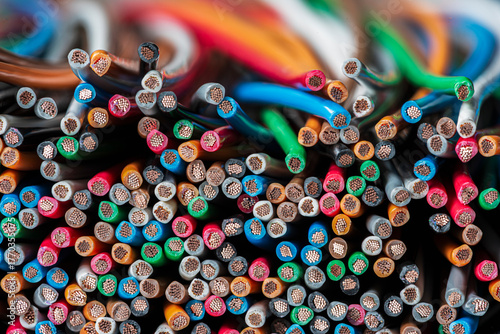 A stack of multicolored copper electrical wires, close-up cross-section view
