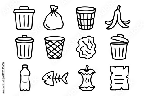 Trash Elements Icon Set in Doodle Style Vector Illustration