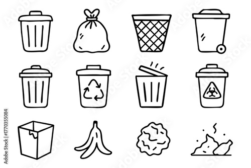 Trash Elements Icon Set in Doodle Style Vector Illustration