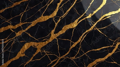 Golden veins on a dark marble surface create a luxurious and elegant design