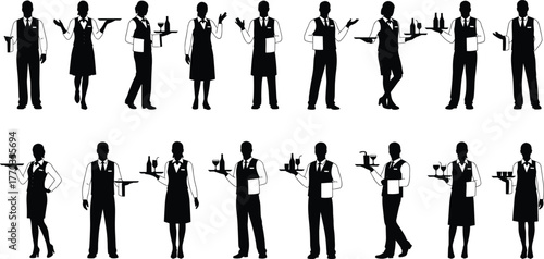 Silhouettes of waitstaff in formal attire holding trays and menus, ideal for restaurant, catering, hospitality, and service industry design.