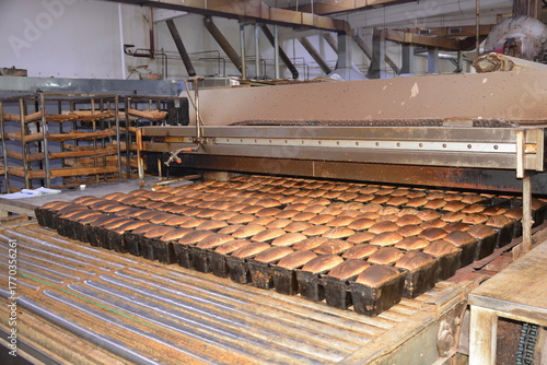 Mass production of bread at factory conveyor belt with finished loaves